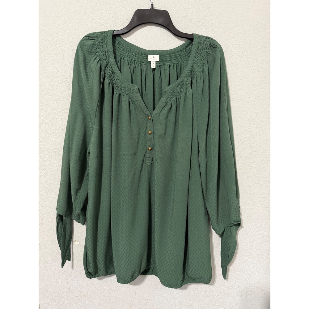 Dressbarn Womens Blosue 3X Green Dobby Dot Peasant 3/4 Tie Sleeve‎ Henley Top